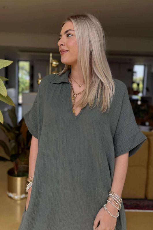 Made in Italy Paulo Pillow Cotton Shirt Dress Khaki
